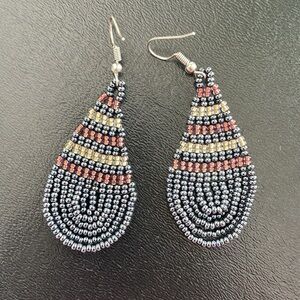 South African Elegant handcrafted Beaded Earrings. Silver/blue/gold/orange. 2”.